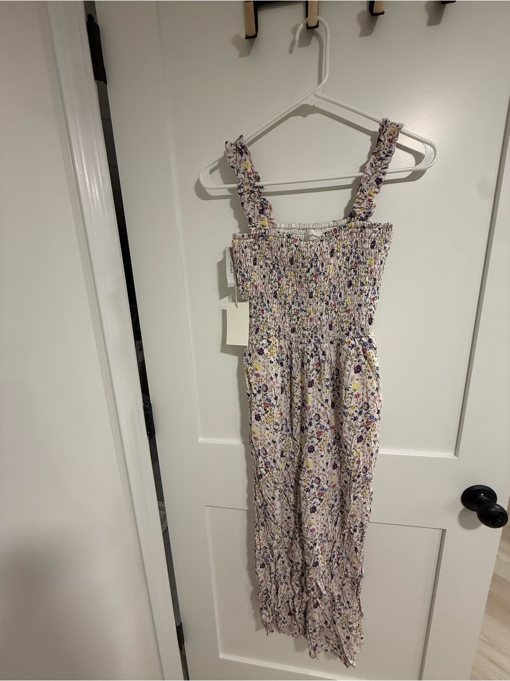 Wilfred Aritzia Floral Smocked One-Piece Jumpsuit in Cream and Purple